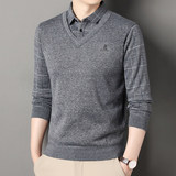秋冬季男士假两件针织百搭衬衫领外套男毛衣内搭T恤9039加绒-P35，男装T恤，星座1706