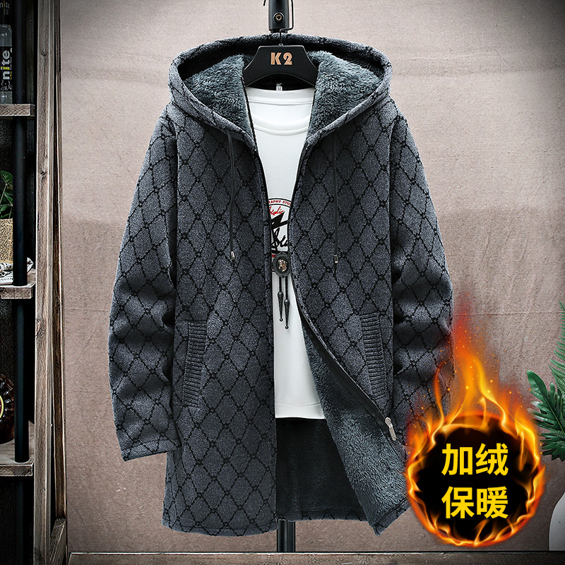 中长款加绒外套男士秋冬款针织毛衣开衫加厚连帽风衣男6936P55，男装针织衫/毛衣，星座1706