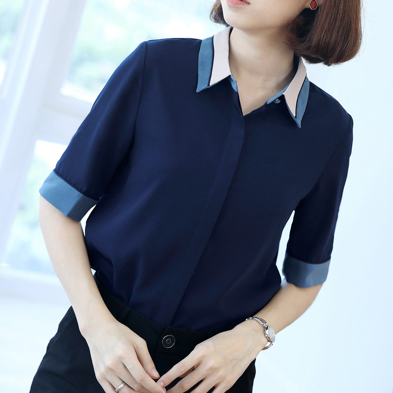 韩茗雅夏款深蓝色雪纺衬衣女性气质韩版职业装拼色衬衫女大码撞色|msdalam kategori Butik wanita / wanita, shirt - dari Buy2taobao.com untuk memberikan perkhidmatan ejen Taobao profesional membeli