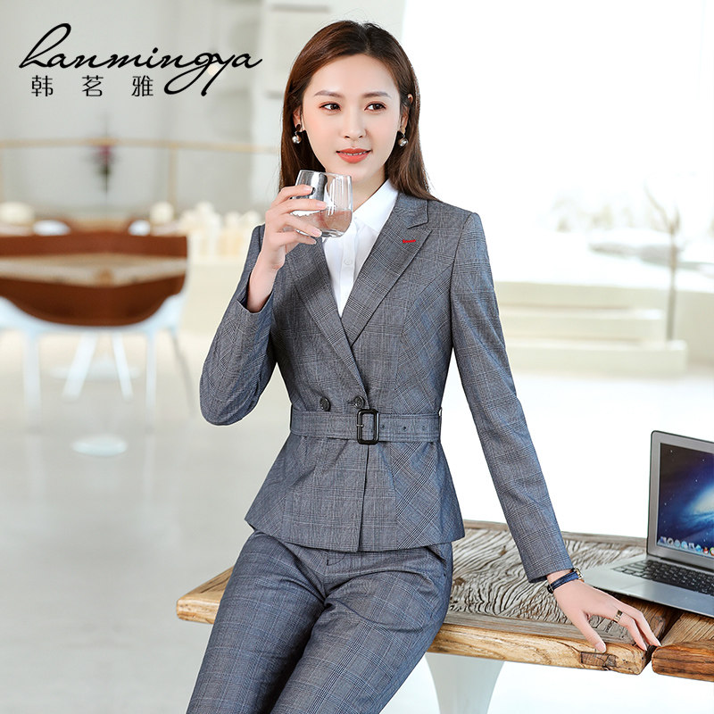 韩茗雅高端职业套装秋新款时尚英伦风格纹正装腰带西装套装女收腰