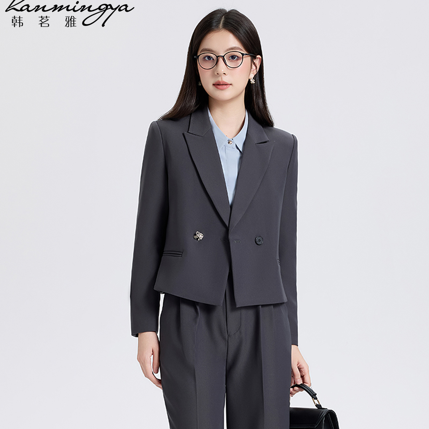 灰色面试西装套装女职业正装2025春秋高级感大学生通勤小西服外套