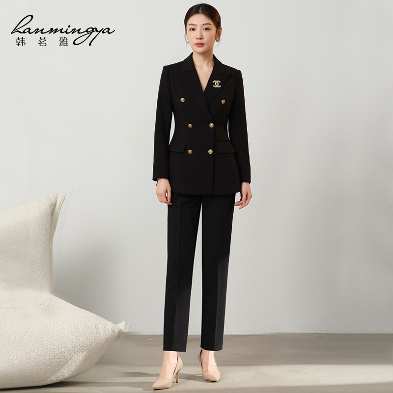 韩茗雅职业装套装女春黑色西装公务员面试正装时尚气质通勤工作服