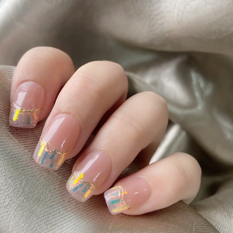 mei studio网红仙女碎冰冰裸色玻璃纸手工成品美甲穿戴甲