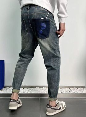 GD秋季新款怀旧蓝色男士牛仔裤微宽松直筒水洗弹力简约问号长裤