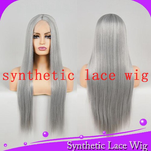 奶奶灰中分顺直前蕾丝整顶假发高温丝grey hair lace front wig