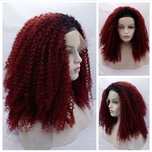 小卷 ombre 渐变酒红色afro kinky curly lace front wig fiber