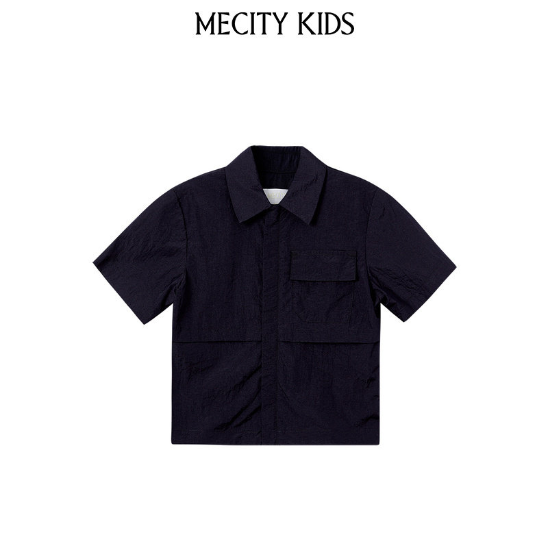 mecity kids童装夏男童衬衫式小翻领拉链短袖茄克