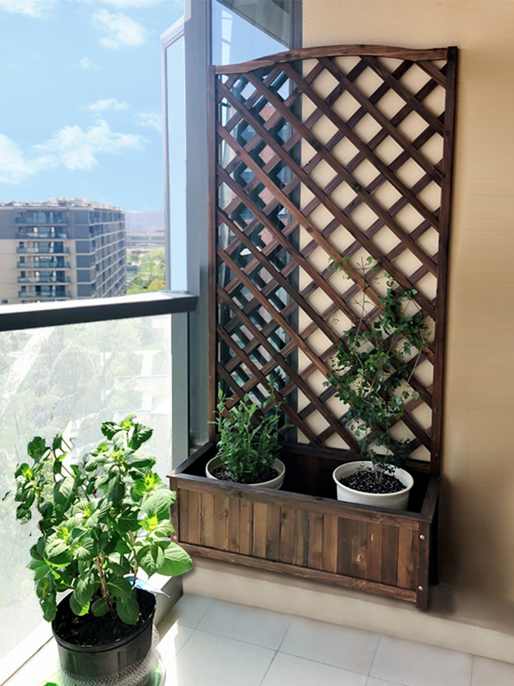 爬藤阳台花架格栅带花盆室外庭院隔断花槽花箱碳化防腐木栅栏