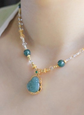 天然蓝水翡翠弥勒佛碎银国风项链