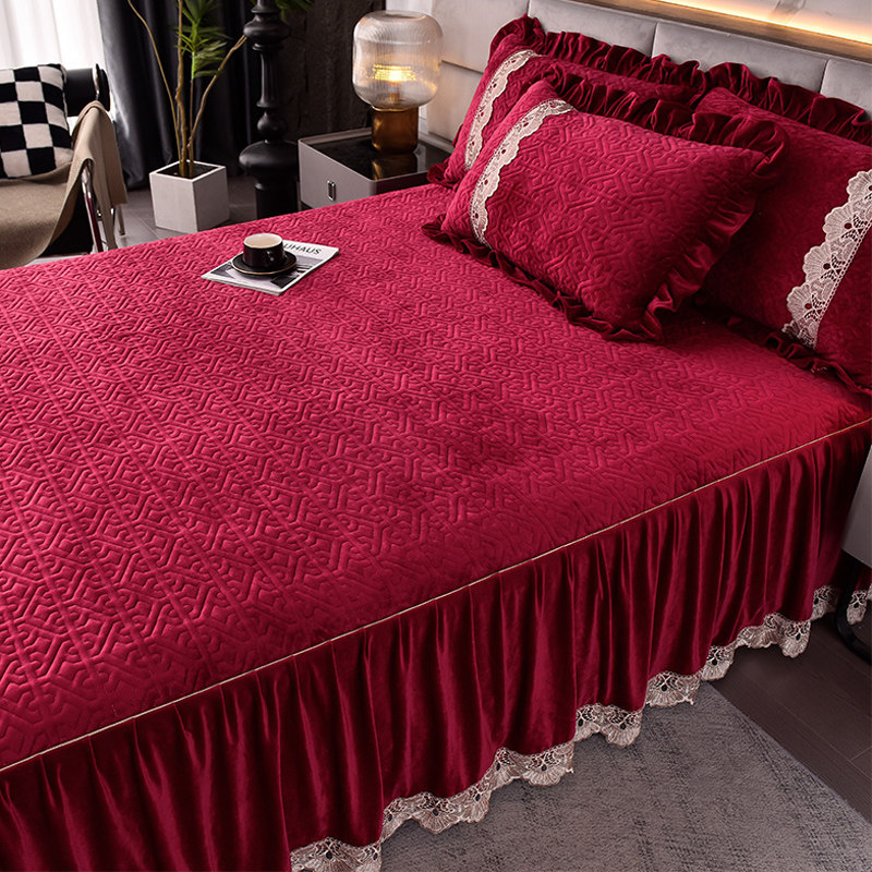 冬季婴儿绒夹棉床裙单件酒红色牛奶珊瑚绒加厚保暖花边床罩三件套,床上用品,床裙,淘宝优惠券,粉丝福利购,淘宝优惠卷