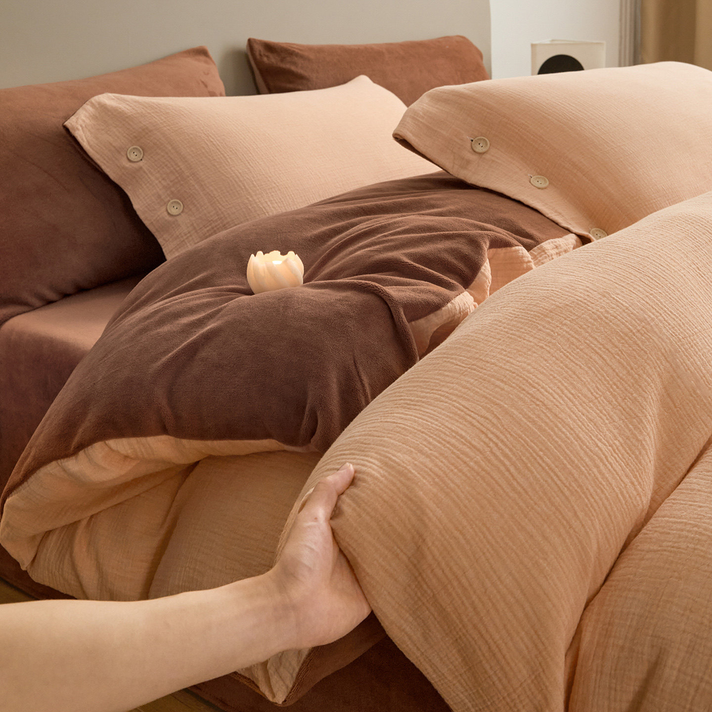 AB面全棉泡泡纱加牛奶绒四件套