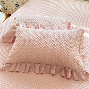 全棉水洗棉夹棉绗缝枕套一对装 家用48x74cm公主风花边纯棉枕芯套