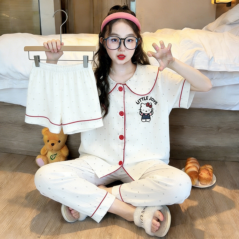 女中大童卡通云朵棉睡衣2026夏季娃娃领短袖长裤三件套家居服套装