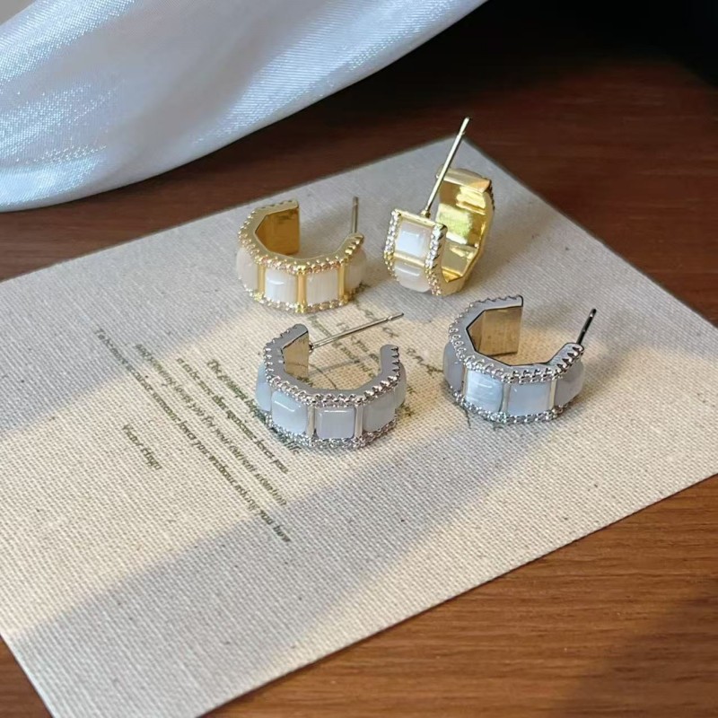 轻奢微镶锆石方形猫眼石C形圈耳钉精致小众高级感个性包耳垂耳环
