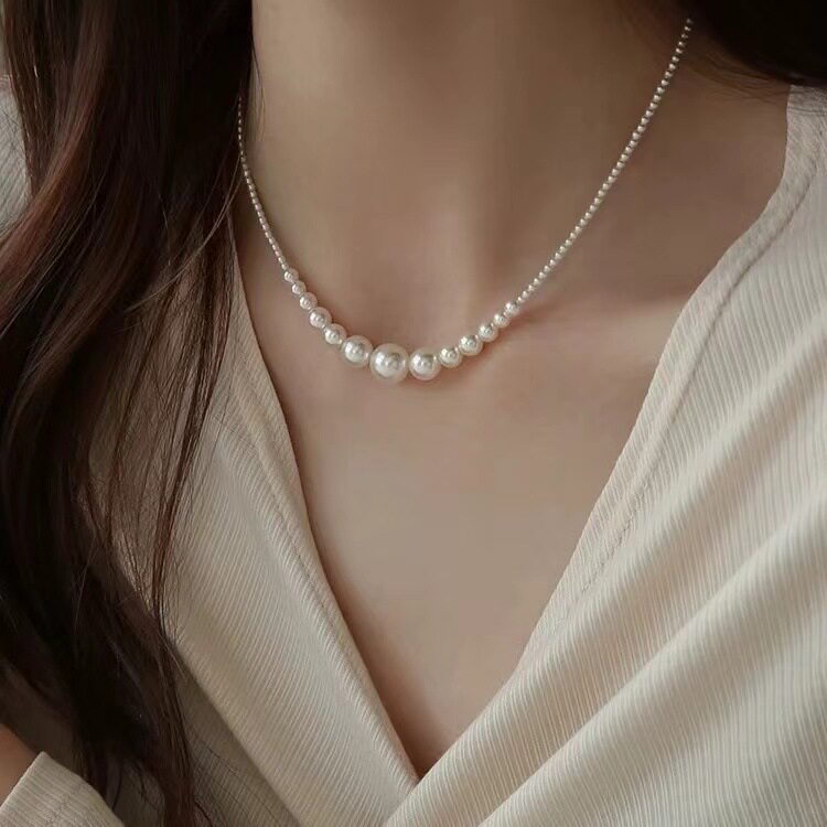 韩版高级感正圆珍珠925银项链女轻奢小众锁骨链气质套装甜美耳饰
