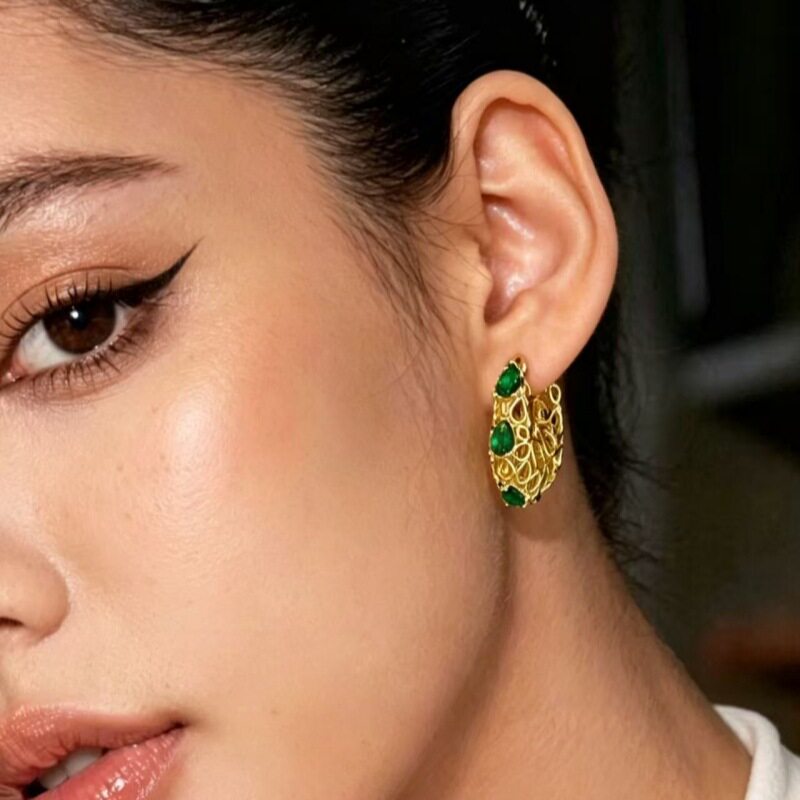 重工设计复古镂空雕花C形锆石耳扣浓郁彩宝镶嵌小众设计个性耳环
