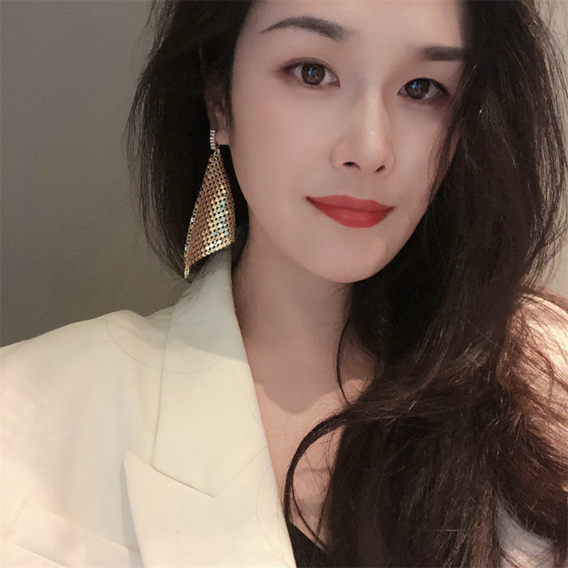 银针小众原创设计立体裁剪鱼鳞片长耳环百搭女王气质瘦脸长耳饰品