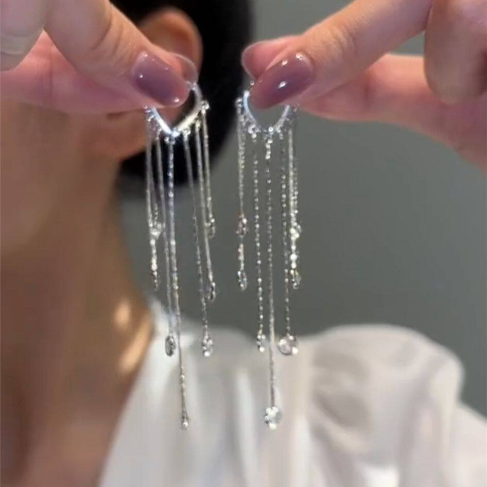 星影长款流苏耳扣耳环女夸张设计感高级感网红百搭耳饰银色