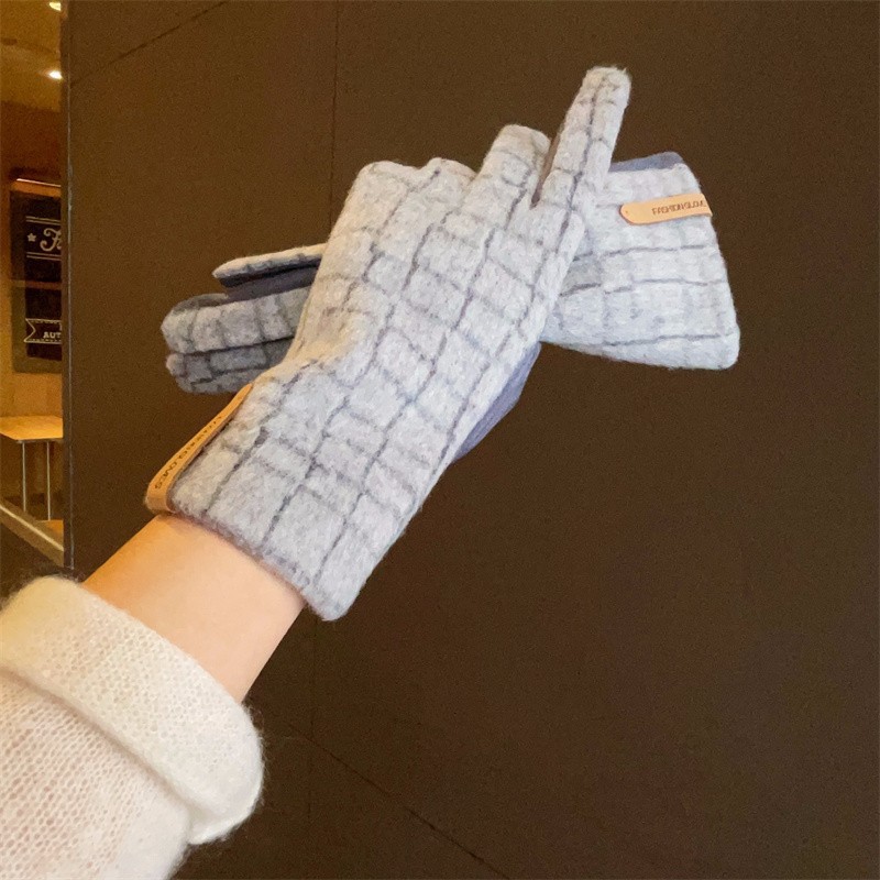 日系少女秋冬天格子仿羊毛手套女学生分指触屏毛呢加绒加厚保暖