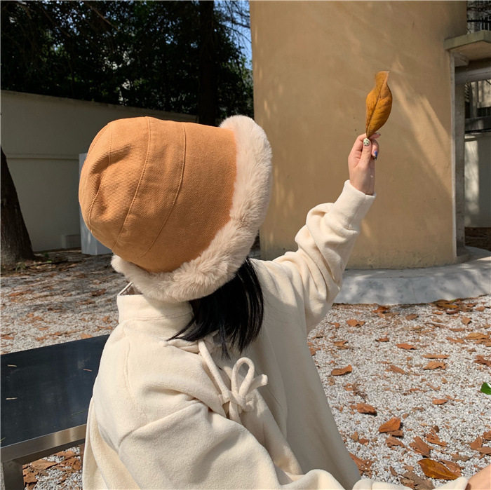 韩版潮百搭加厚保暖护耳帽子毛绒渔夫帽女秋冬季显脸小盆帽纯色