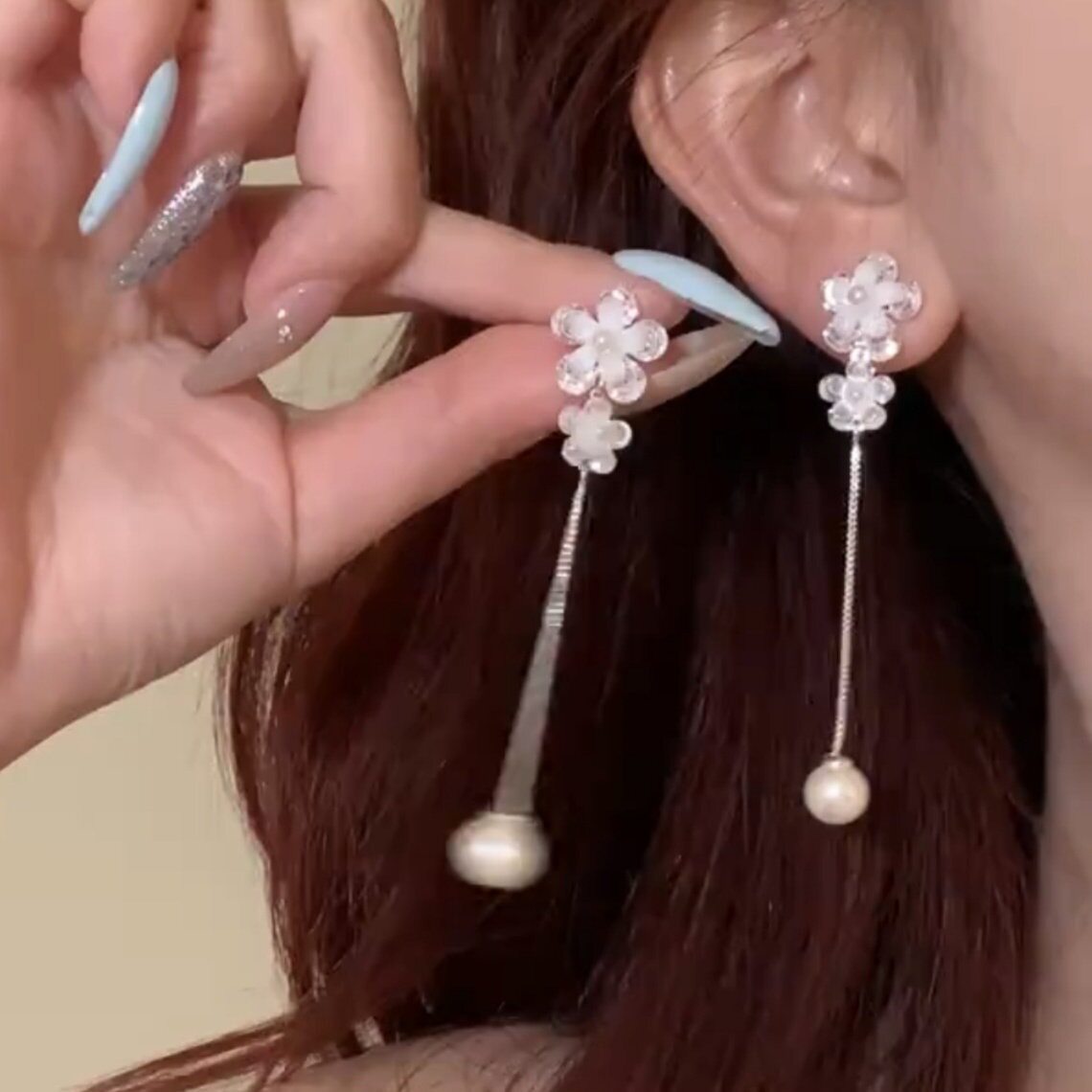锆石小花流苏珠珠耳钉耳环女设计感日韩长款简约配饰优雅法式耳坠
