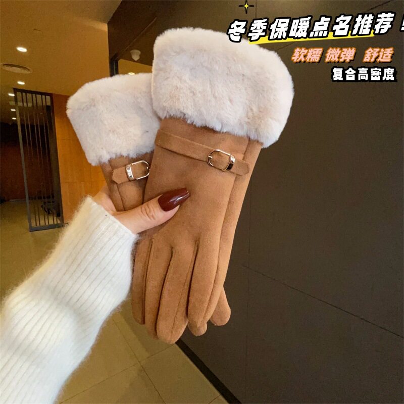 保暖手套日韩小香风女士毛口进口绒手套加绒厚触屏皮带扣骑行开车