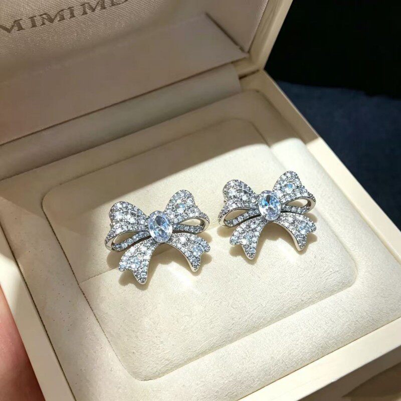 欧美重工微镶锆石蝴蝶结耳钉女小众轻奢设计感耳环甜美精致耳饰