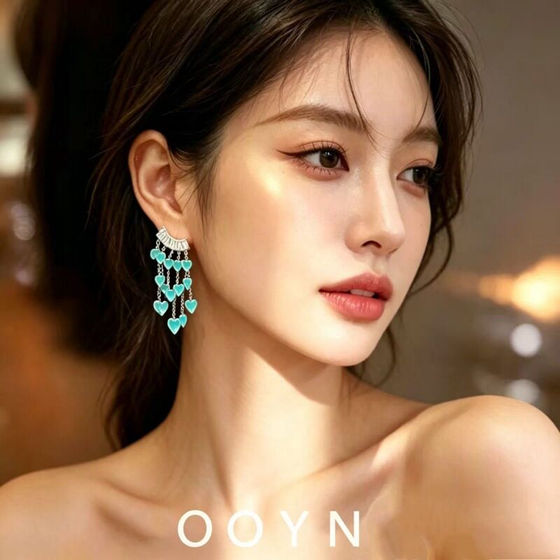 仙气灵动水晶爱心流苏长款耳环少女心约会重手工百搭满锆弧形耳坠