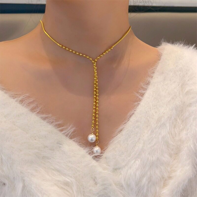 高级感金属球球Y形珍珠吊坠毛衣链个性简约项链女INS风精致颈链