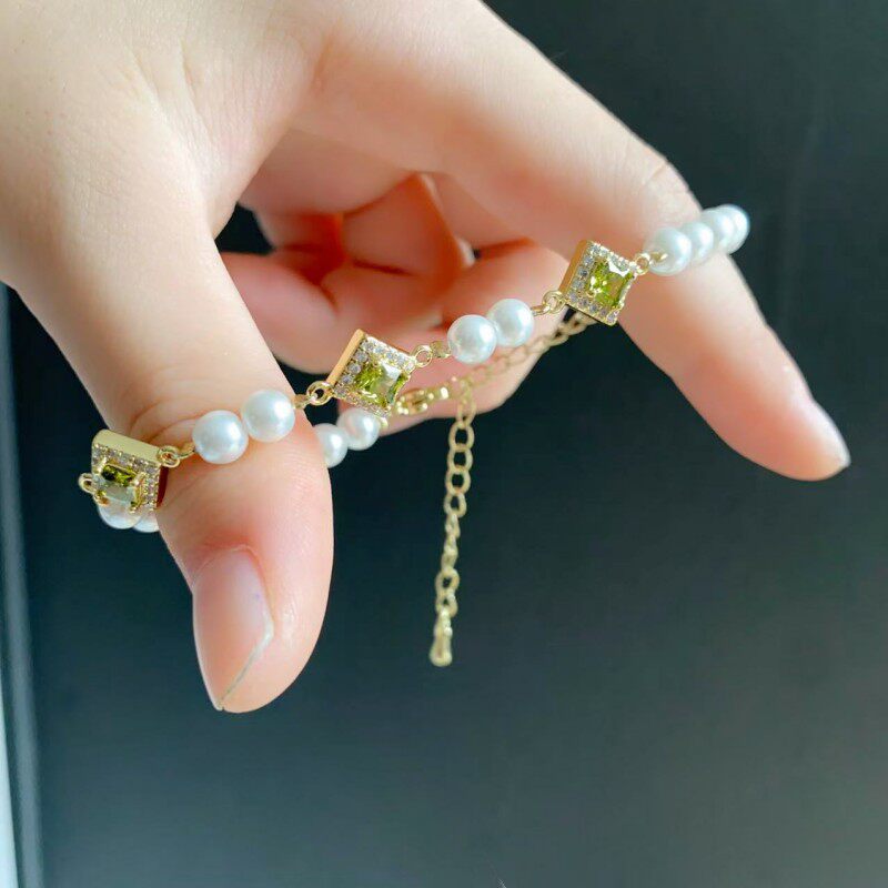 精致轻奢祖母绿色圆形锆石手链女高级感叠戴设计感可调节手饰配饰