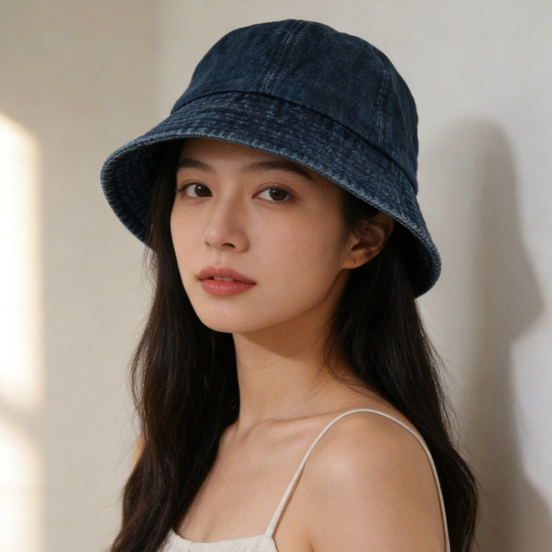 日系水洗做旧牛仔圆顶渔夫帽男女春夏季休闲百搭素颜遮脸防晒帽潮