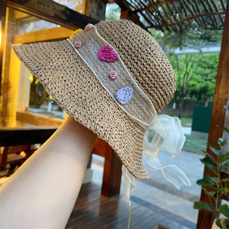 花园少女大檐镂空编织草帽季彩色花朵遮阳蝴蝶结防晒帽度假风帽子