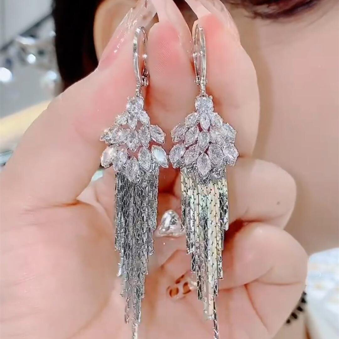 银色锆石花流苏长款耳扣耳环女重工设计感2025新款耳坠耳饰