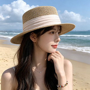 法式老钱风编织帽子女新款镂空平顶草帽海边防晒帽户外遮阳太阳帽