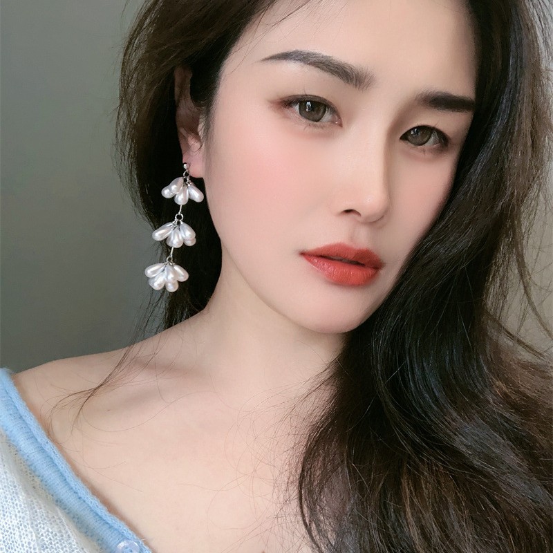 韩版珍珠长耳环超仙手工串珠镀银针海边度假风仙女大气夸张耳饰