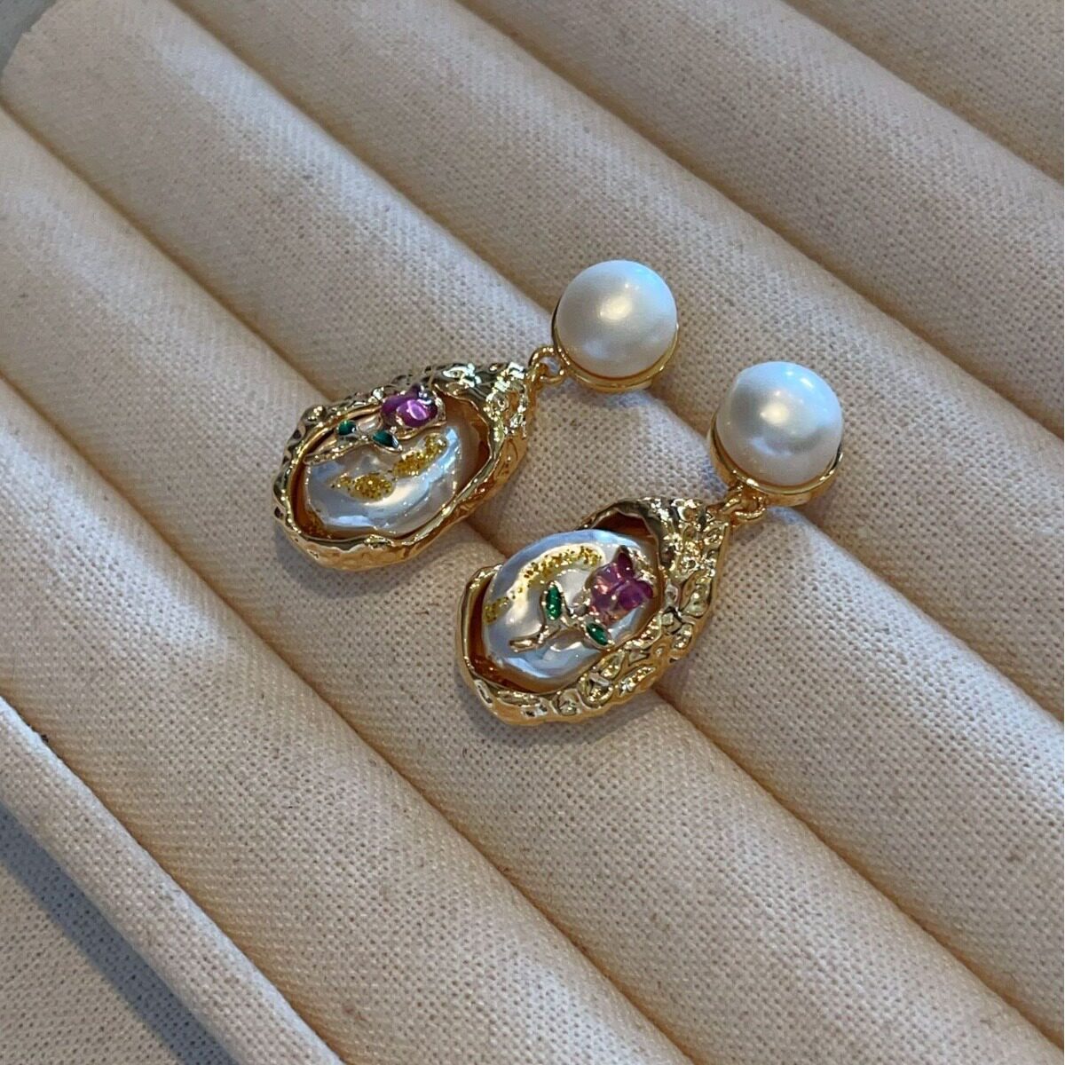 玫瑰的花园中古风花朵耳钉仿巴洛克珍珠耳坠复古高级感油画耳饰品