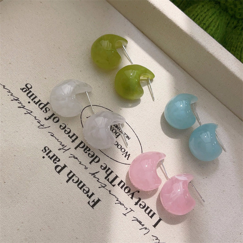 清新仙女风马卡龙色系果冻质感水滴小耳环简约百搭透玉感C形耳钉