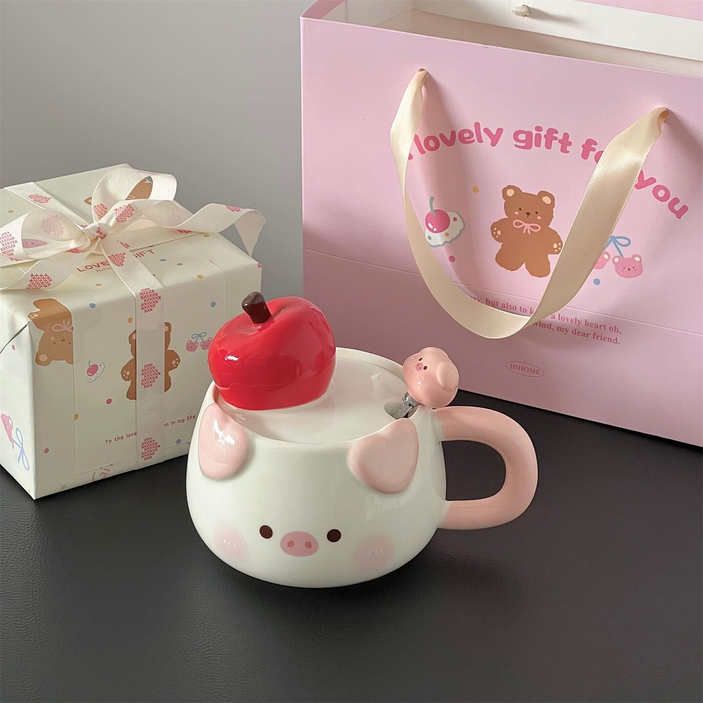 可爱苹果小猪创意陶瓷杯带盖勺生日礼物送闺蜜少女心高颜值伴手礼