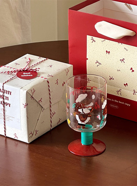 送女生礼物礼盒韩国复古手绘卡通熊玻璃高脚杯可爱果汁饮料酒杯子