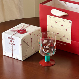 送女生礼物礼盒韩国复古手绘卡通熊玻璃高脚杯可爱果汁饮料酒杯子