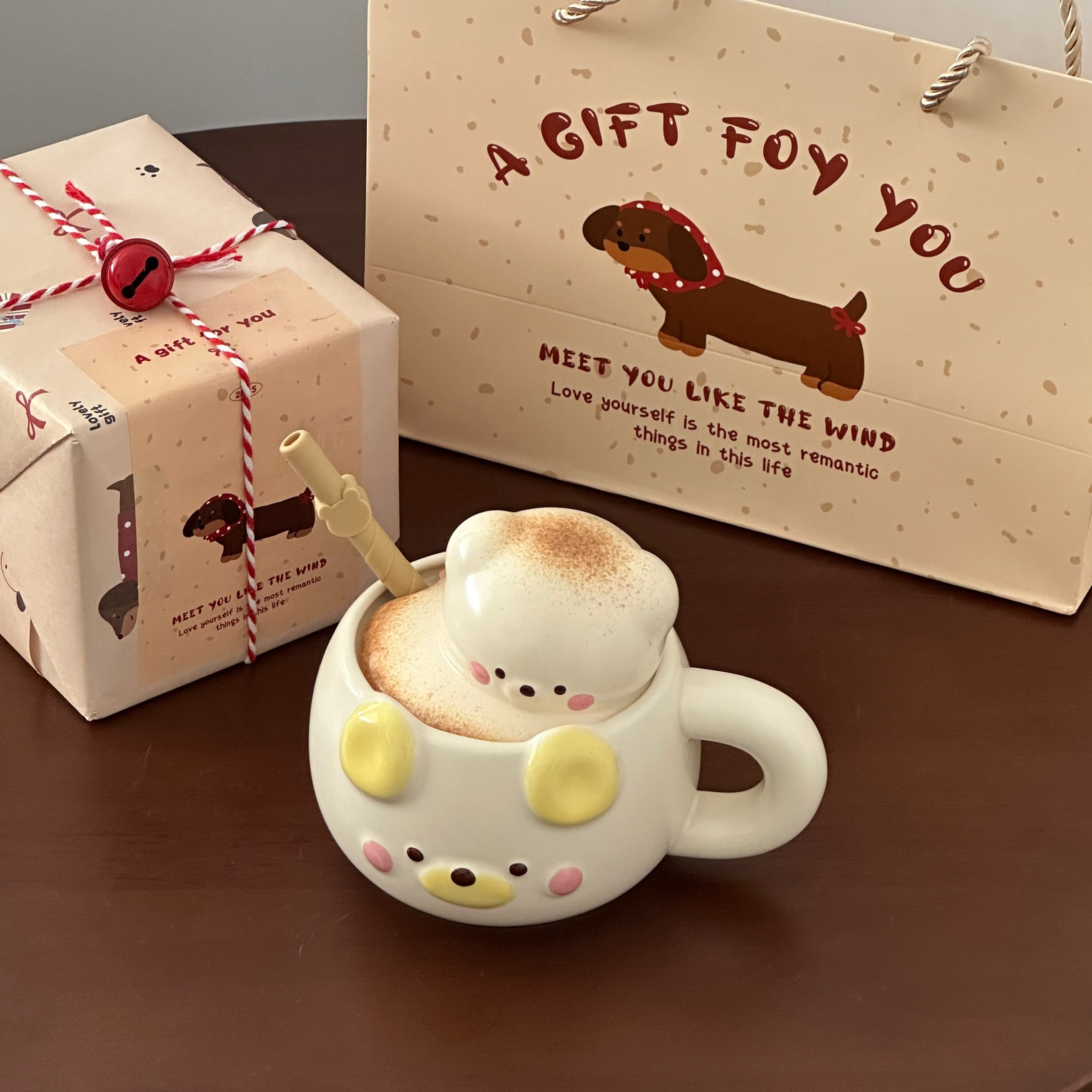 生日礼物送同学老师可爱棉花糖小熊陶瓷马克杯带盖吸管杯伴手礼物