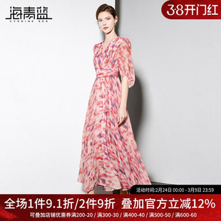 海青蓝 扎染连衣裙2025年新款夏季高级设计感时尚气质印花裙子女