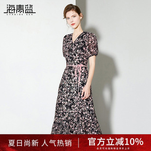高级感裙子设计小众海边度假碎花连衣裙 海青蓝 女装 2025新款 夏季