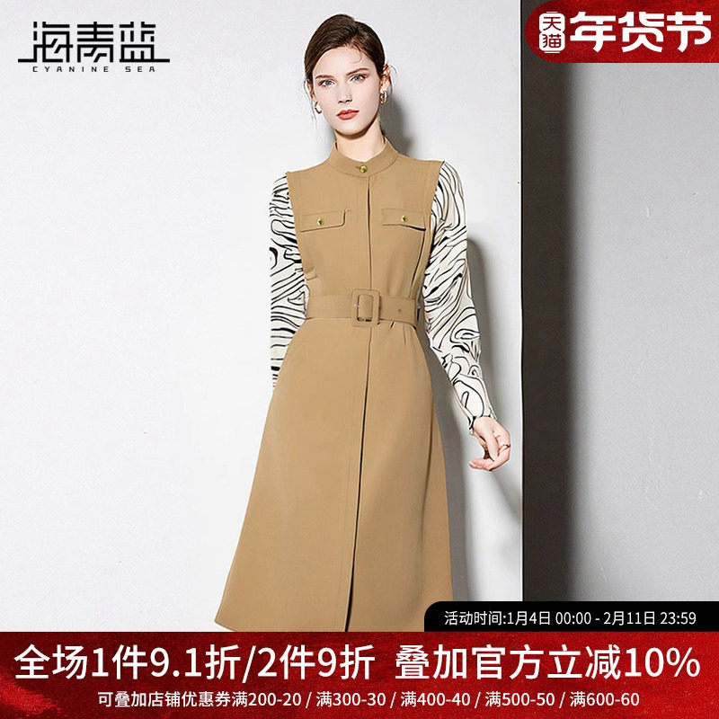 海青蓝时尚长袖连衣裙女2025秋季新款通勤气质假两件显瘦西装裙子