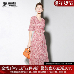 海青蓝 高级印花设计感2025年新款夏季短袖海边度假小众连衣裙女