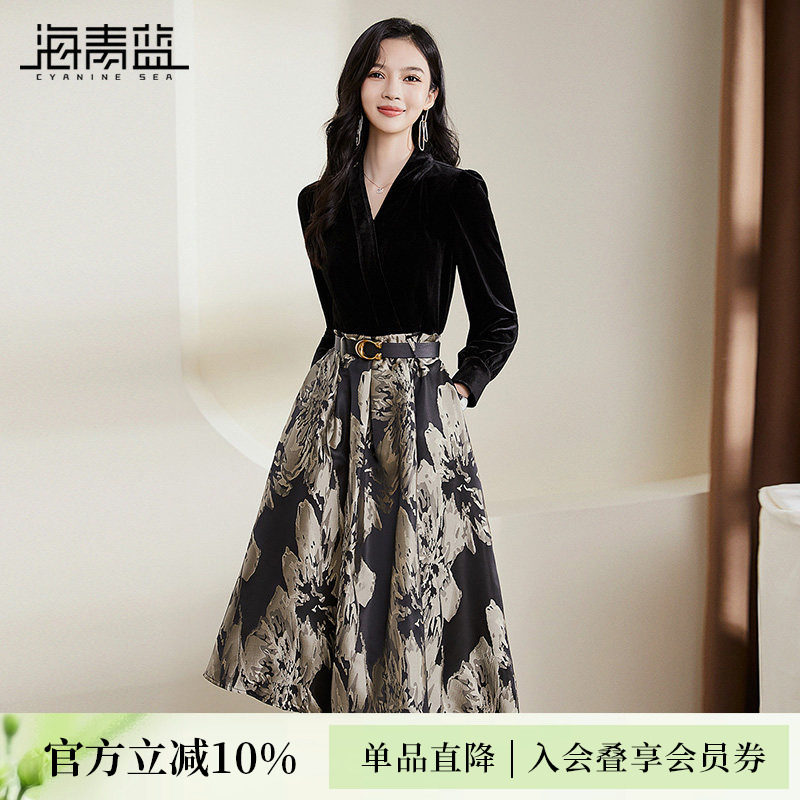 海青蓝金丝绒提花连衣裙女秋冬新款气质复古高级感收腰假两件裙子