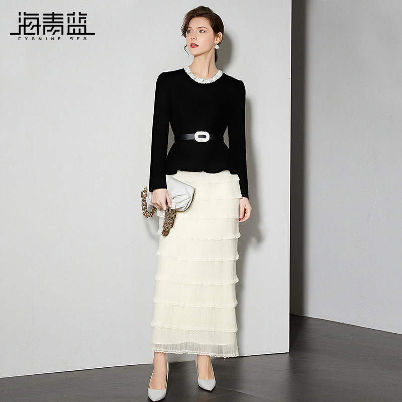 海青蓝 套装秋冬女25年新款法式长袖打底裙子高级感两件套蛋糕裙