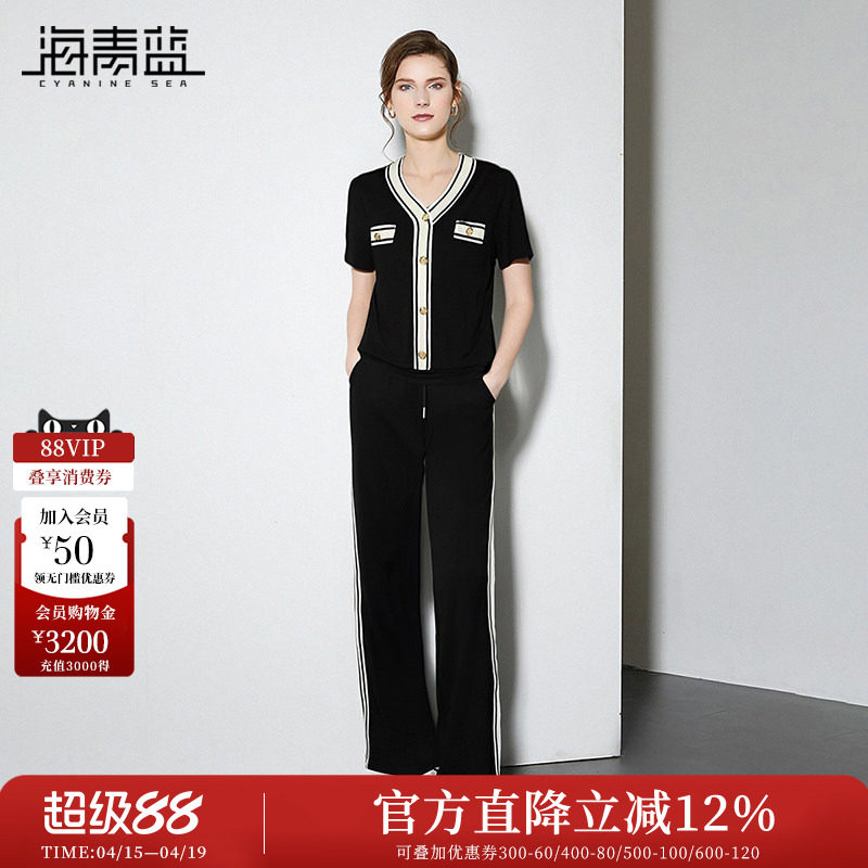 海青蓝 撞色休闲套装夏女2026新款高级时尚气质女装休闲裤两件套