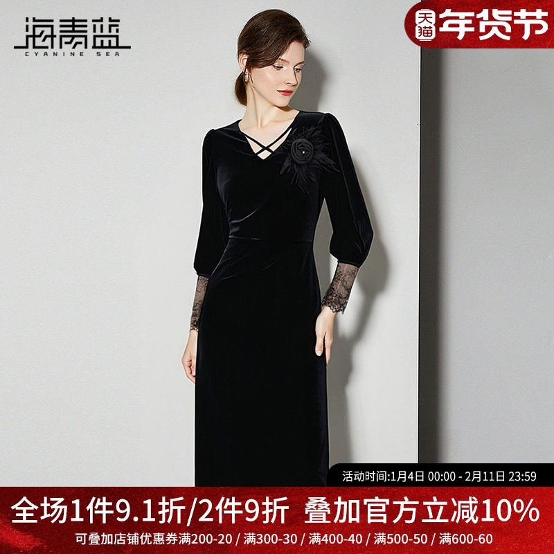 海青蓝2025秋冬新款黑色丝绒连衣裙女气质v领设计感修身小礼服裙