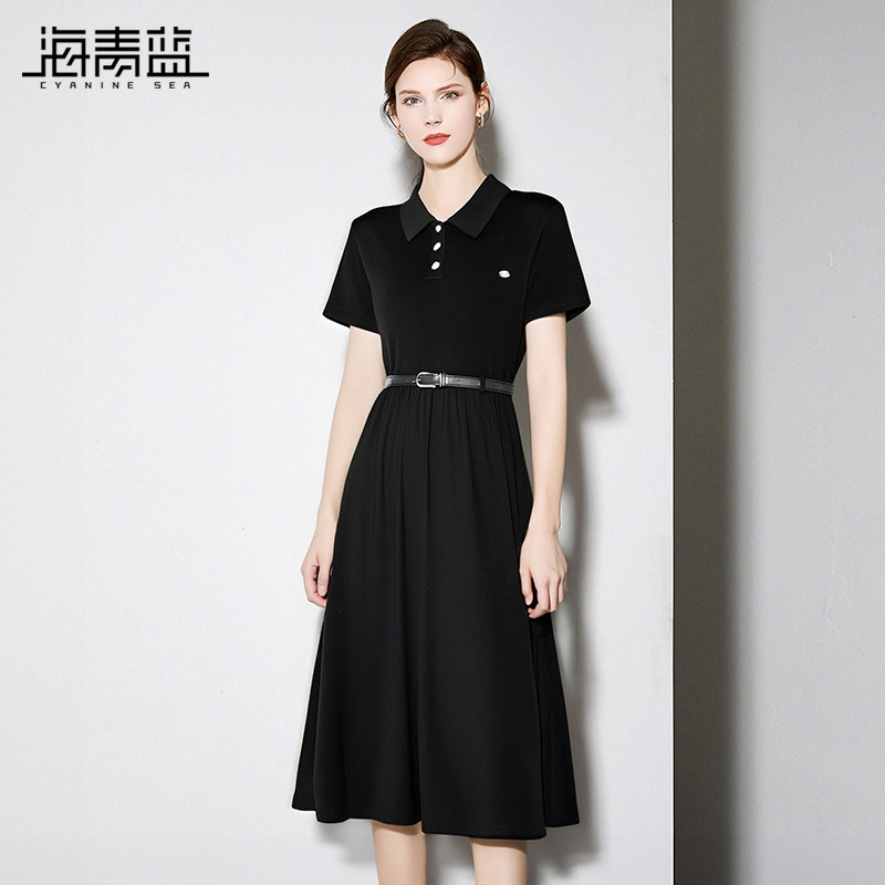 海青蓝 衬衫领连衣裙女2025新款女装a字中长款短袖黑色时尚裙子